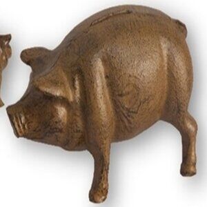 Cast Iron Pig Piggy Bank 7 1/4" long by 4" tall Rubber Stopper in bottom 04614